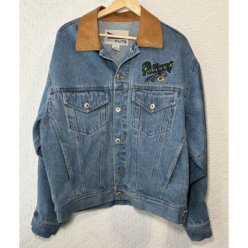Vtg Pro Elite Mens Medium Green Bay Packers NFL Jean Denim‎ Jacket Embroidered